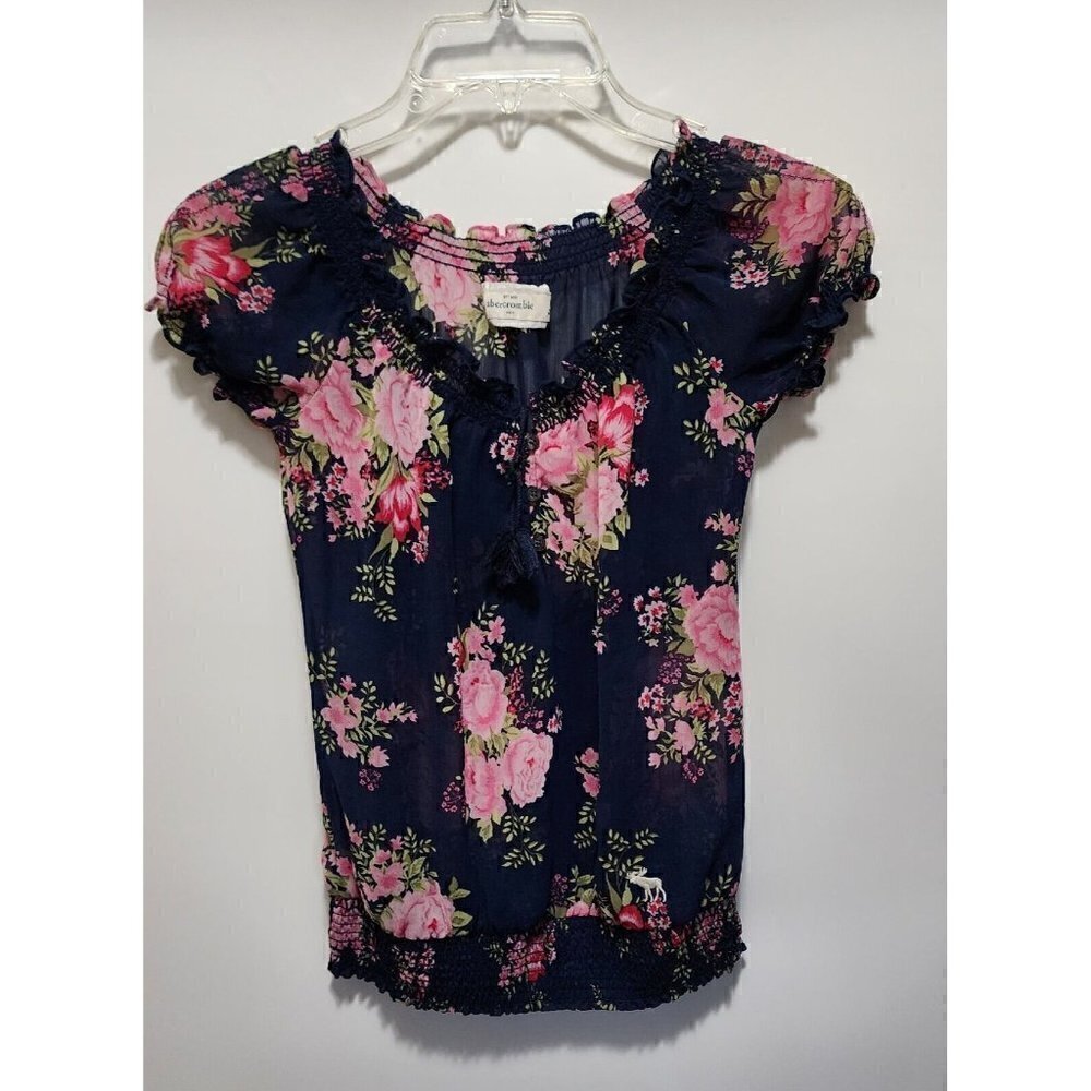 Abercrombie Kids Floral Ruffle Sheer Navy Peasant Blouse Size M